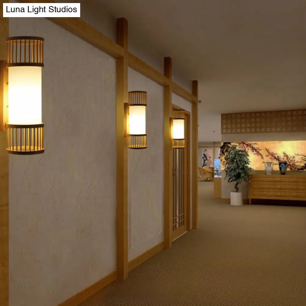 Modern Bamboo Wood Wall Light Fixture For Corridor - Cylindrical Mount Single