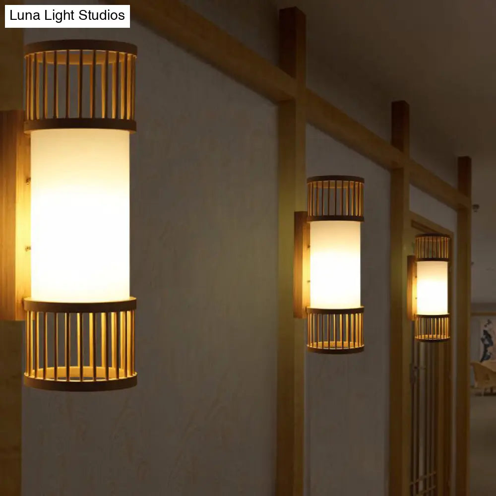 Modern Bamboo Wood Wall Light Fixture For Corridor - Cylindrical Mount Single