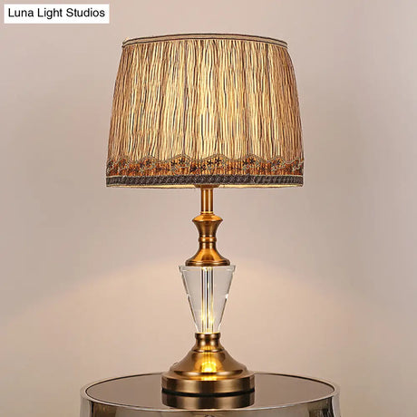 Modern Barrel Fabric Desk Lamp: Brown Night Table Light With Metallic Base