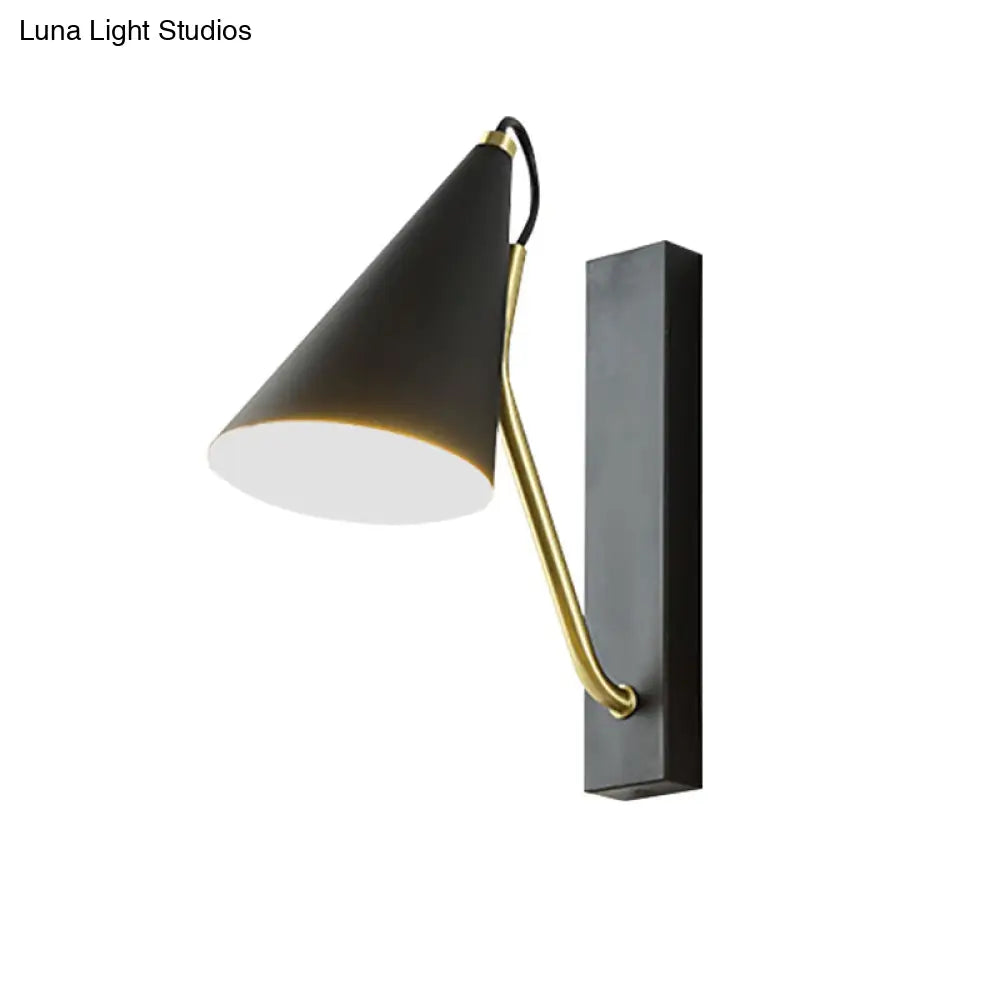 Modern Bedroom Wall Sconce With Cone Shade And Iron Base - Simple 1-Light Black/White Lamp