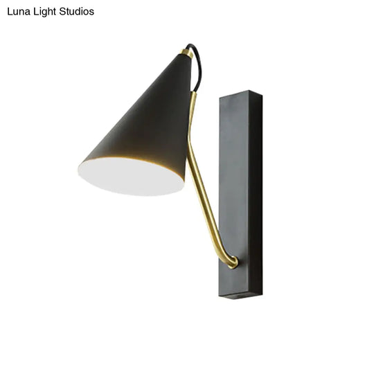 Modern Bedroom Wall Sconce With Cone Shade And Iron Base - Simple 1-Light Black/White Lamp