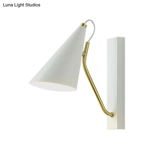Modern Bedroom Wall Sconce With Cone Shade And Iron Base - Simple 1-Light Black/White Lamp
