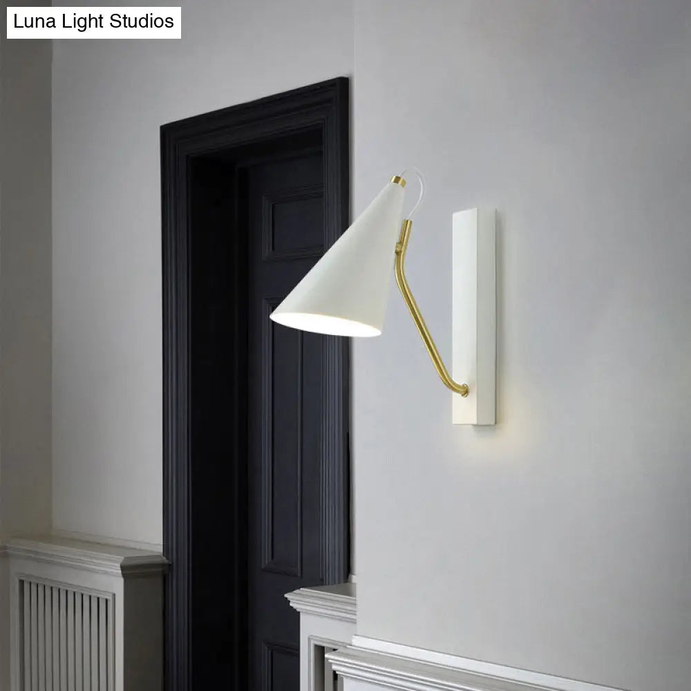 Modern Bedroom Wall Sconce With Cone Shade And Iron Base - Simple 1-Light Black/White Lamp
