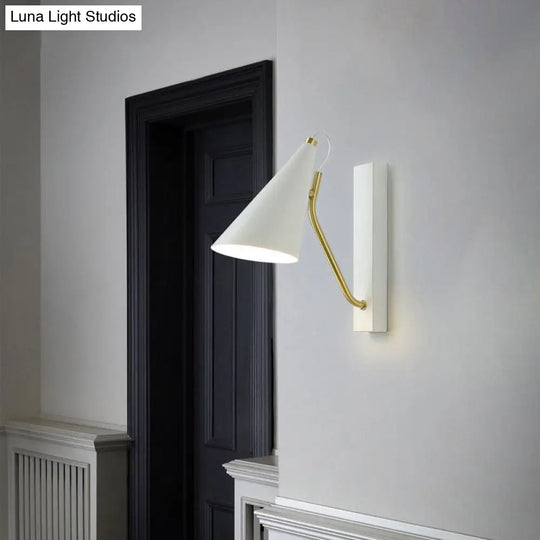 Modern Bedroom Wall Sconce With Cone Shade And Iron Base - Simple 1-Light Black/White Lamp