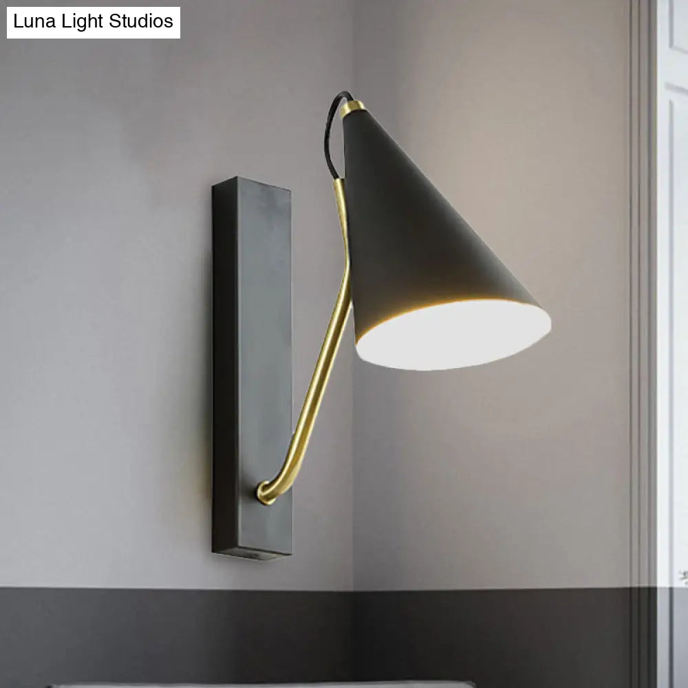 Modern Bedroom Wall Sconce With Cone Shade And Iron Base - Simple 1-Light Black/White Lamp