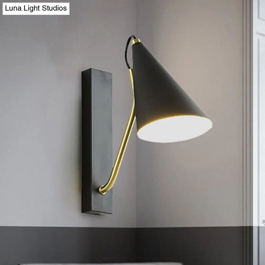 Modern Bedroom Wall Sconce With Cone Shade And Iron Base - Simple 1-Light Black/White Lamp