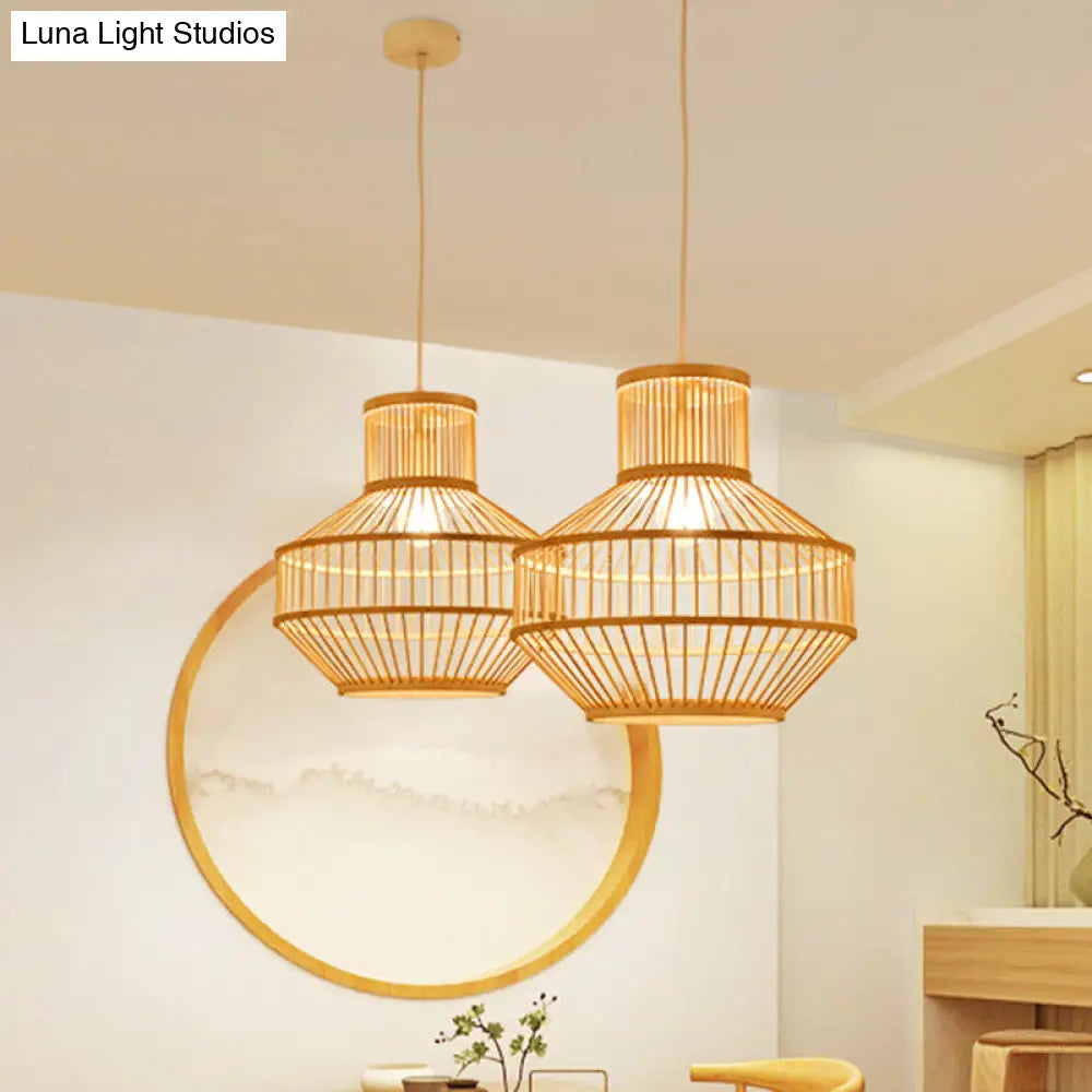 Modern Beige Ceiling Lamp With Round Bamboo Shade - 1 Light Dining Room Pendant