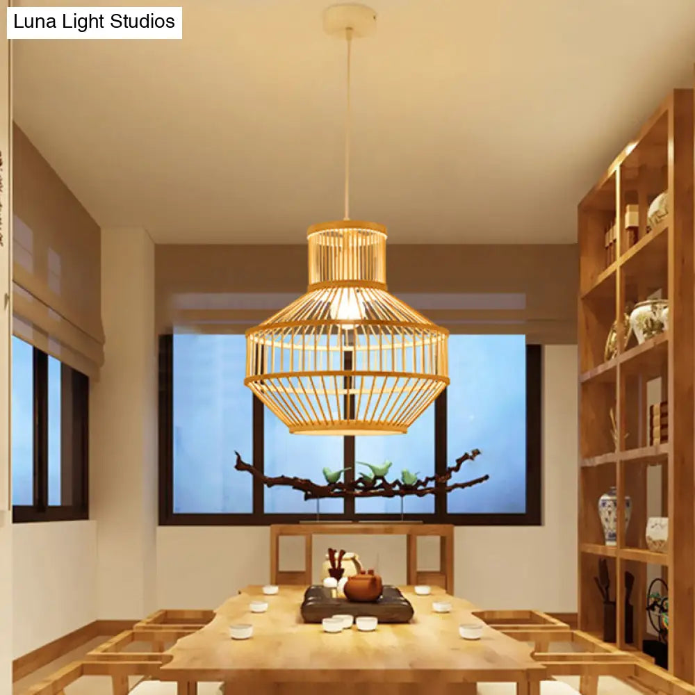Modern Beige Ceiling Lamp With Round Bamboo Shade - 1 Light Dining Room Pendant