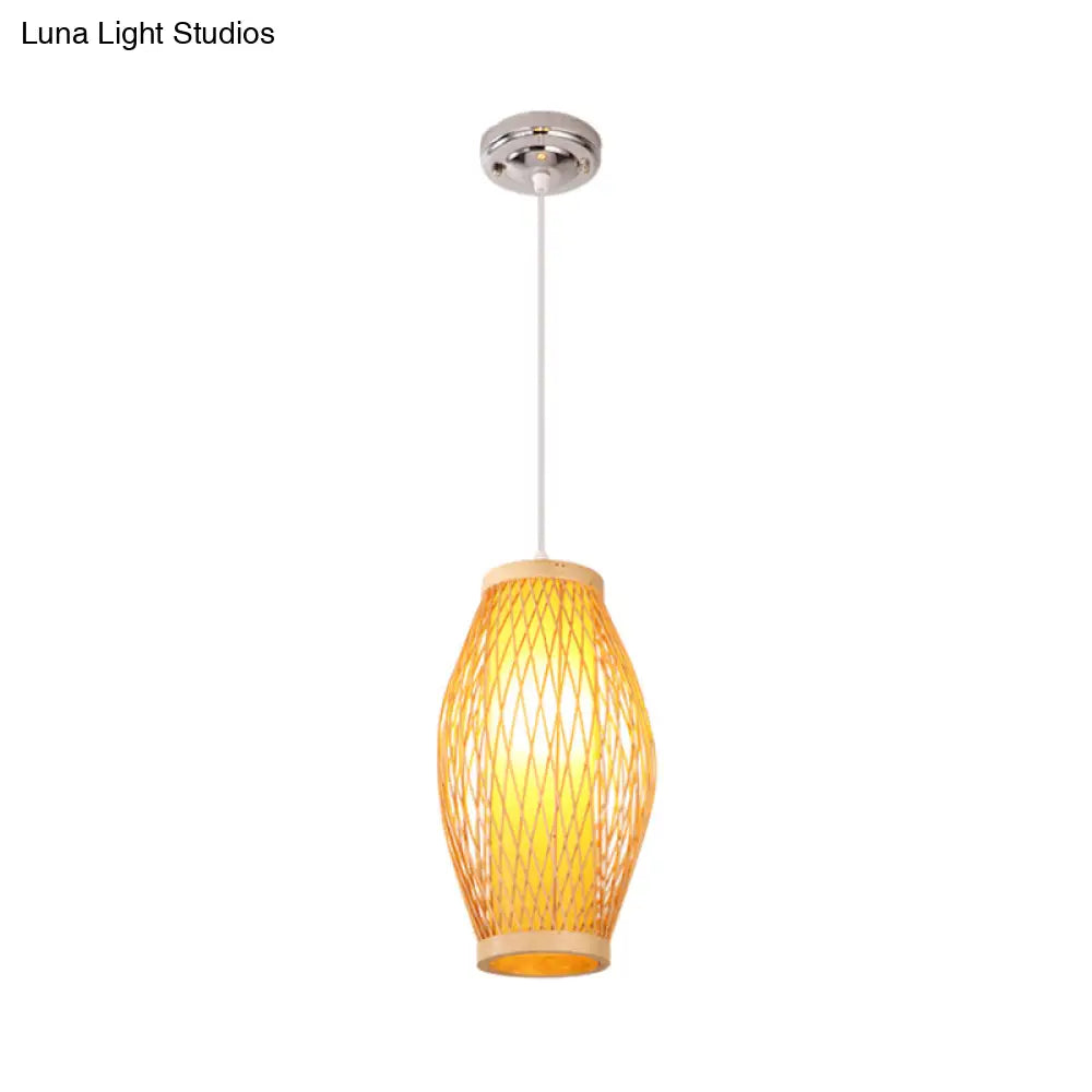 Modern Beige Cross Woven Pendant Hanging Light With Oval Shade - 1 Head Bamboo Lamp