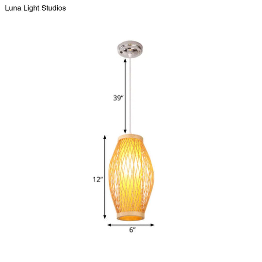Modern Beige Cross Woven Pendant Hanging Light With Oval Shade - 1 Head Bamboo Lamp