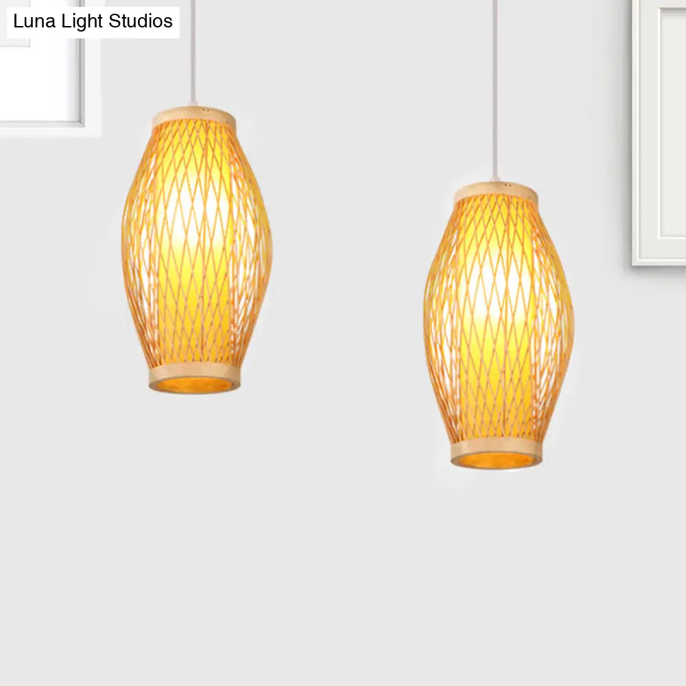 Modern Beige Cross Woven Pendant Hanging Light With Oval Shade - 1 Head Bamboo Lamp