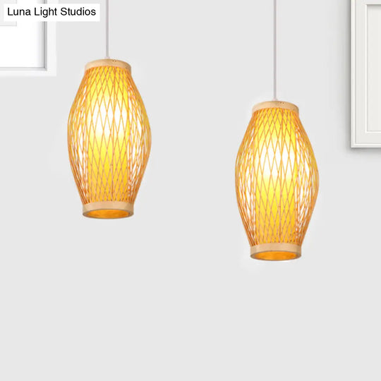 Modern Beige Cross Woven Pendant Hanging Light With Oval Shade - 1 Head Bamboo Lamp