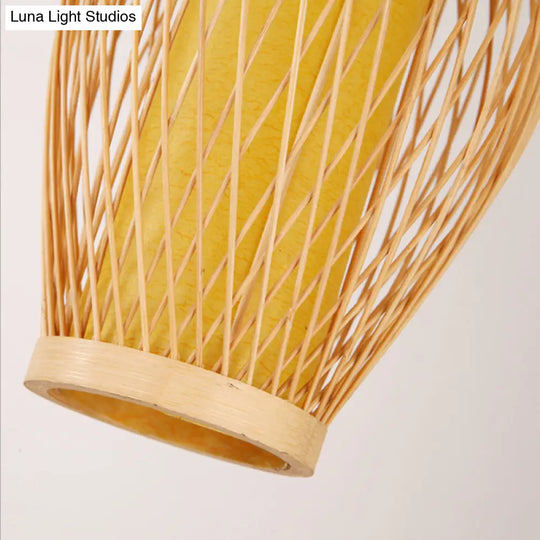 Modern Beige Cross Woven Pendant Hanging Light With Oval Shade - 1 Head Bamboo Lamp