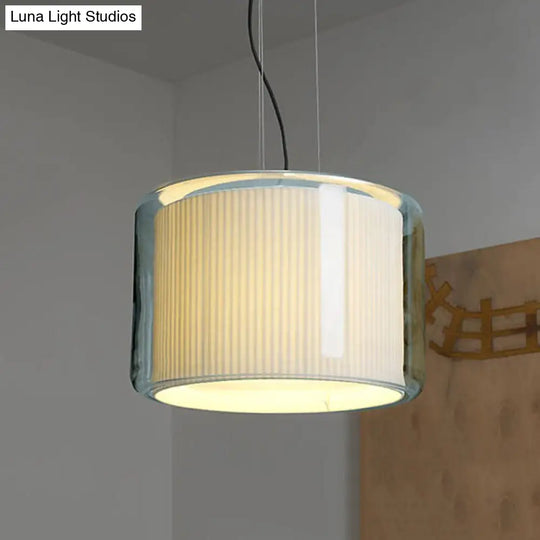 Gathered Fabric Drum Pendant Lamp: Modern Beige 1-Light With Transparent Glass Shade