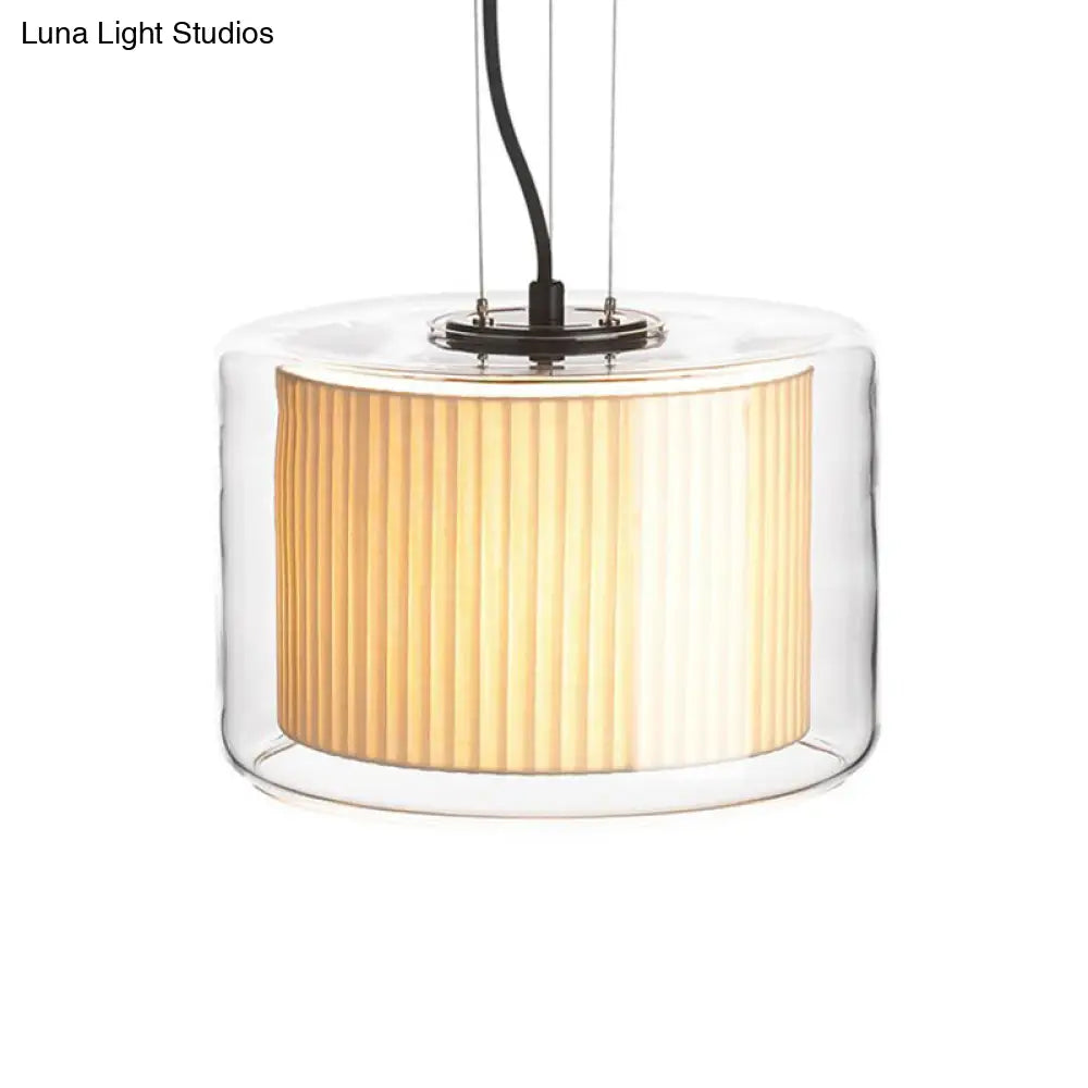 Gathered Fabric Drum Pendant Lamp: Modern Beige 1-Light With Transparent Glass Shade