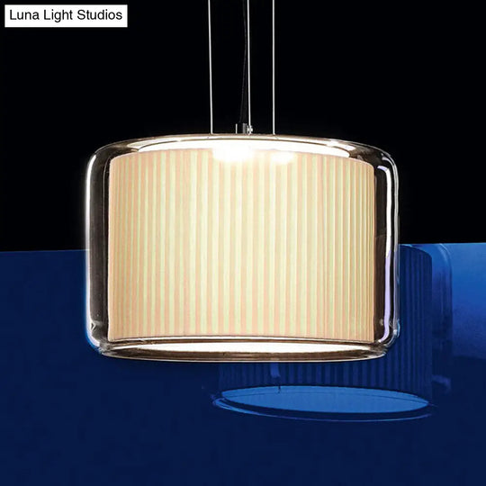 Gathered Fabric Drum Pendant Lamp: Modern Beige 1-Light With Transparent Glass Shade
