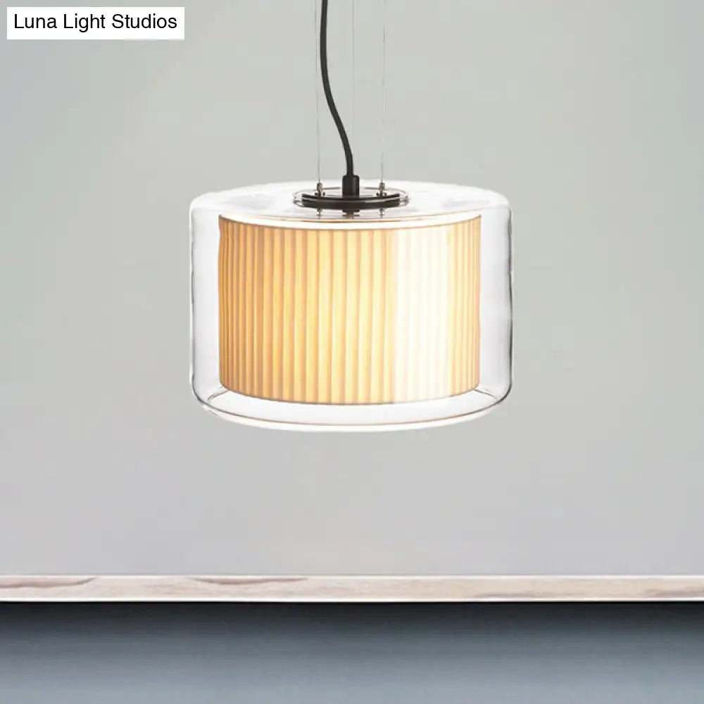 Modern Beige Fabric Drum Pendant Lamp With Glass Shade - 1 Light