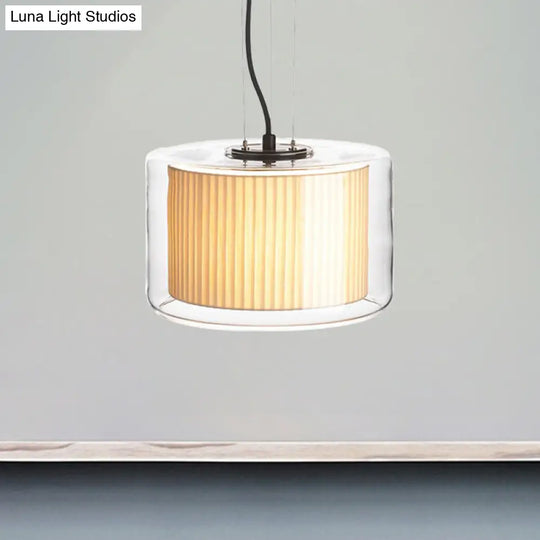 Modern Beige Fabric Drum Pendant Lamp With Glass Shade - 1 Light
