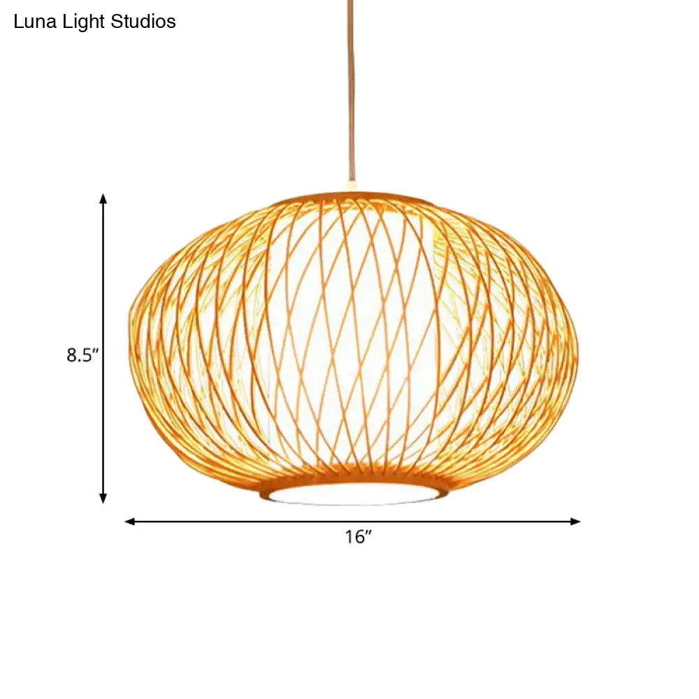 Modern Beige Hand-Knitted Hanging Bamboo Ceiling Lamp With Drum Shade - Perfect For Dining Room