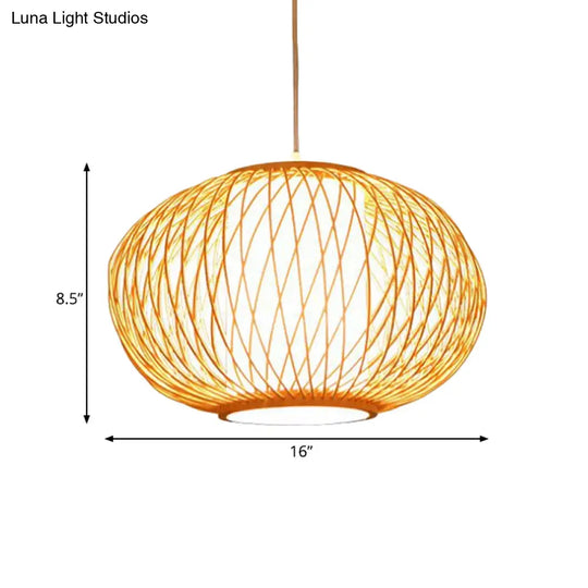 Modern Beige Hand-Knitted Hanging Bamboo Ceiling Lamp With Drum Shade - Perfect For Dining Room