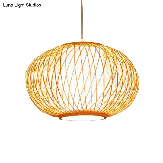 Modern Beige Hand-Knitted Hanging Bamboo Ceiling Lamp With Drum Shade - Perfect For Dining Room