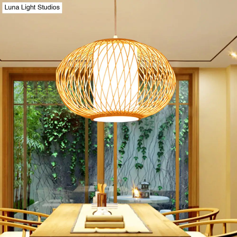 Modern Beige Hand-Knitted Hanging Bamboo Ceiling Lamp With Drum Shade - Perfect For Dining Room