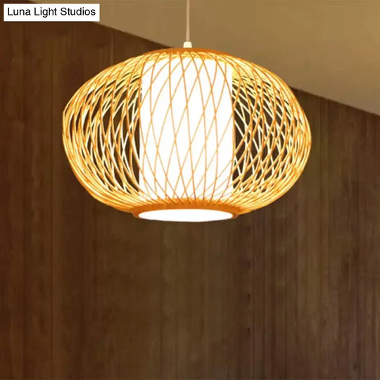 Modern Beige Hand-Knitted Hanging Bamboo Ceiling Lamp With Drum Shade - Perfect For Dining Room
