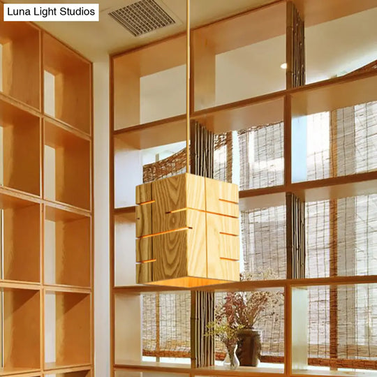 Modern Beige Pendant Lamp With Wood Shade - Ideal For Restaurants