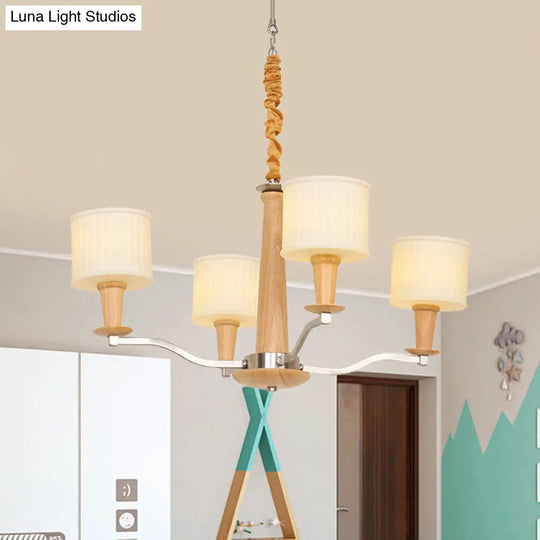 Modern Beige Radial Ceiling Chandelier - 4-Head Wood Hanging Fixture With Cream Glass Shade