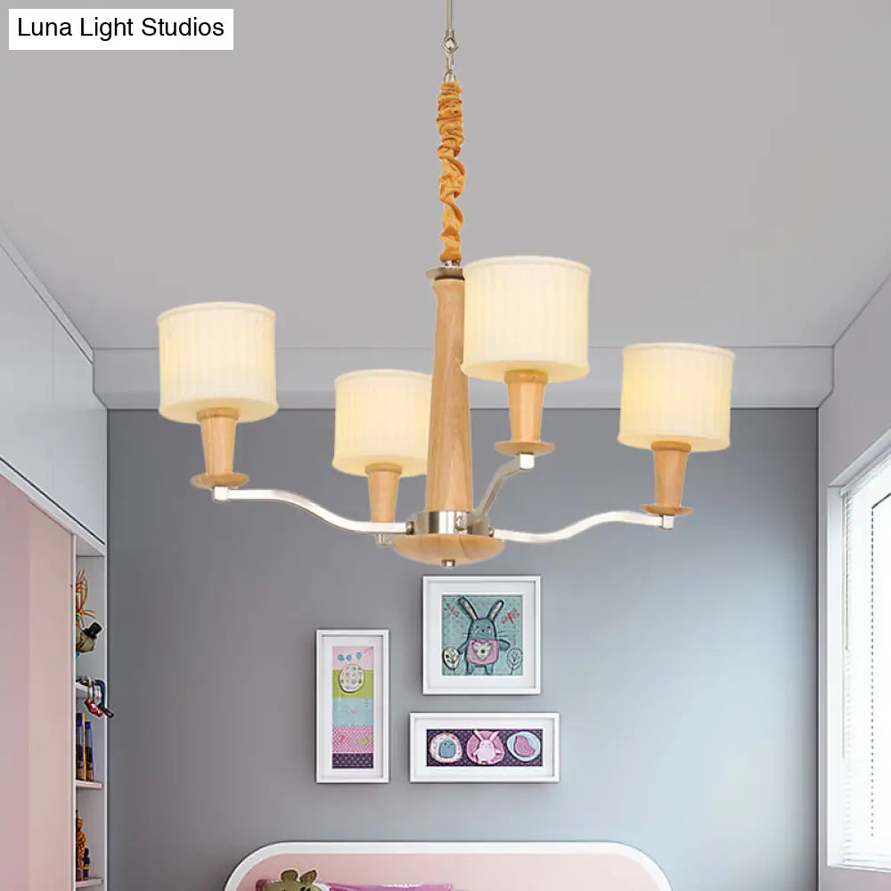 Modern Beige Radial Ceiling Chandelier - 4-Head Wood Hanging Fixture With Cream Glass Shade