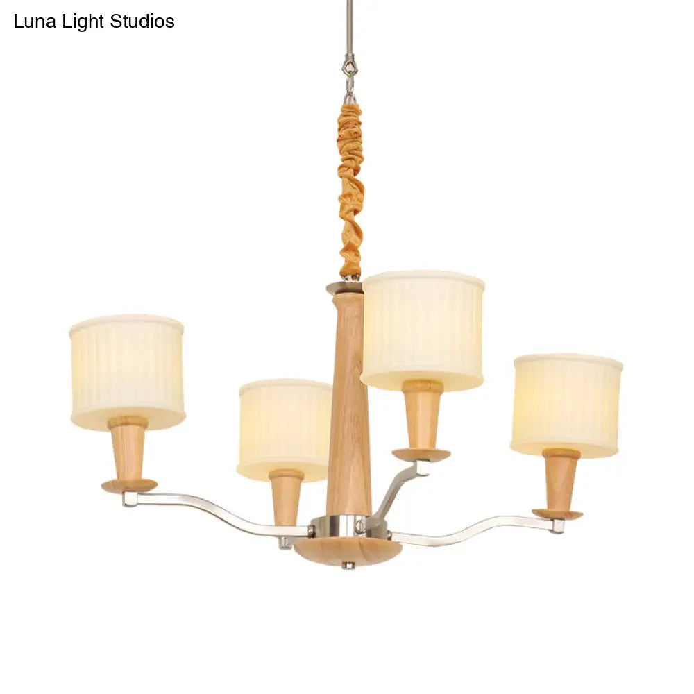 Modern Beige Radial Ceiling Chandelier - 4-Head Wood Hanging Fixture With Cream Glass Shade