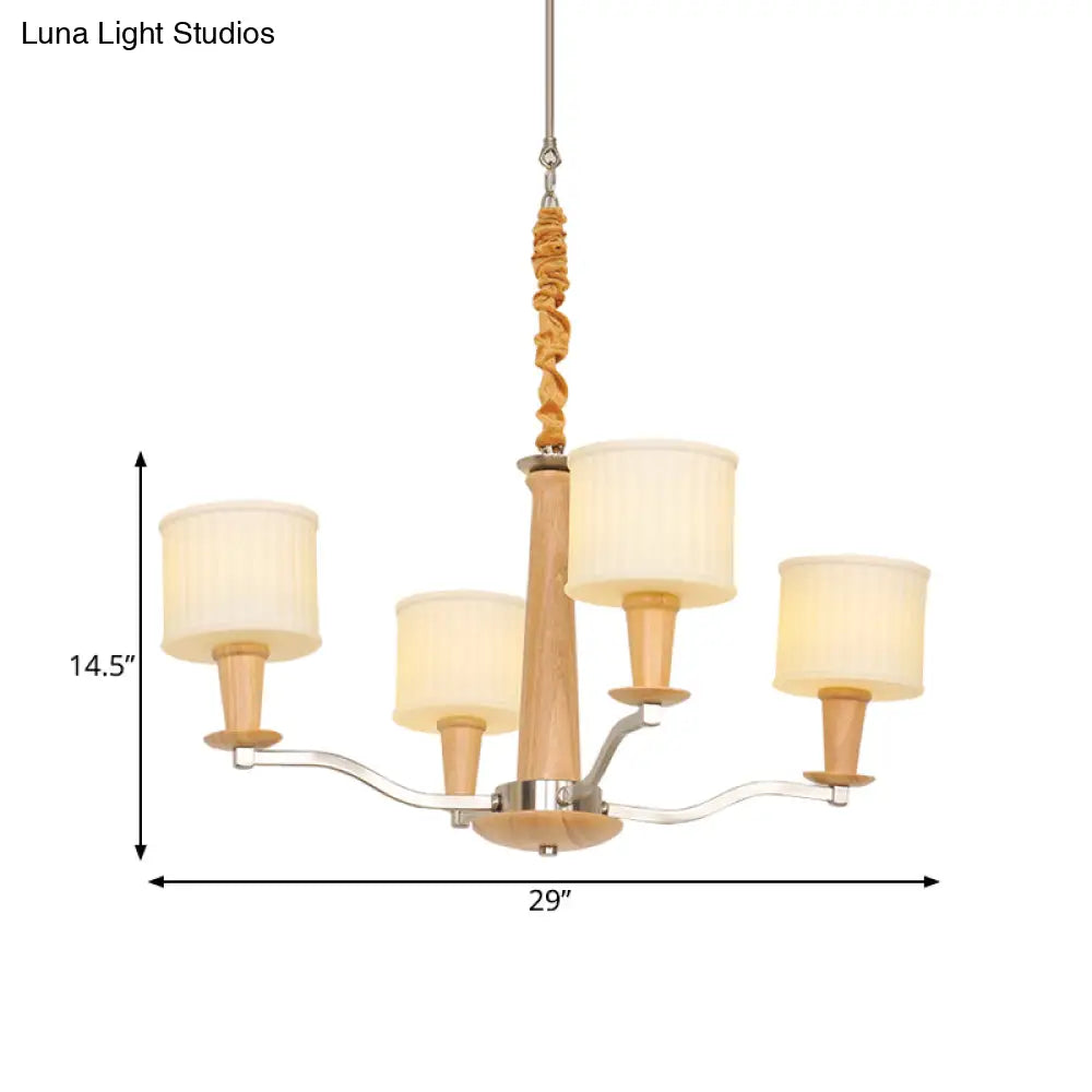 Modern Beige Radial Chandelier With Cream Glass Drum Shade And 4 Wooden Heads