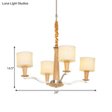 Modern Beige Radial Chandelier With Cream Glass Drum Shade And 4 Wooden Heads