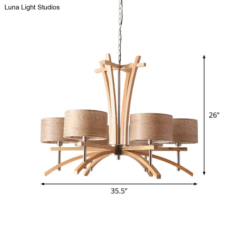 Modernist Wood Pendant Chandelier - Beige Radial Ceiling Light With 3/6 Suspended Lights And Shade