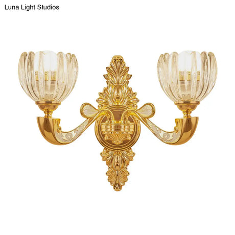 Modern Beveled Crystal Dome Sconce Light Fixture: Gold 1/2-Bulb Wall Lamp For The Bedroom
