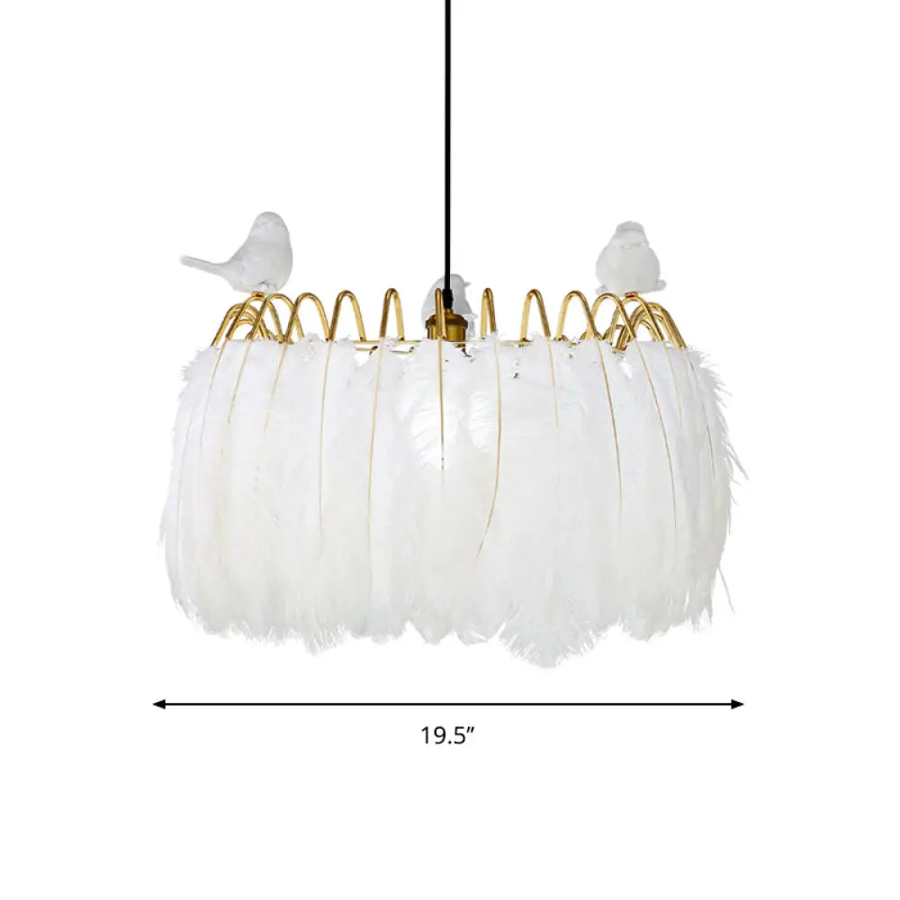 Modern Bird Fabric Drum Pendant With 1 Light For Bedroom