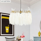 Modern Bird Fabric Drum Pendant Lamp - White 1-Light Hanging For Bedroom