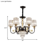 Modern Black 6-Head Chandelier With Clear Cylinder Shade - Sleek Metal Curvy Arms Hanging Light