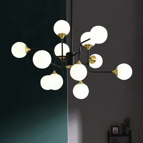 Modern Black And Gold Branch Hanging Lamp With Milky Ball Glass Chandelier Light Fixture -