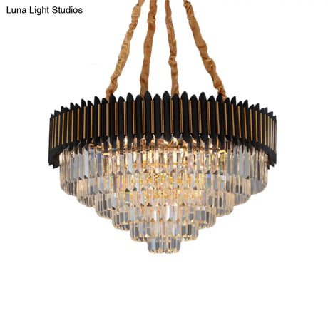 Modern Black And Gold Conic Pendant Chandelier With Crystal Block Shade - Simplicity 6/12-Bulb