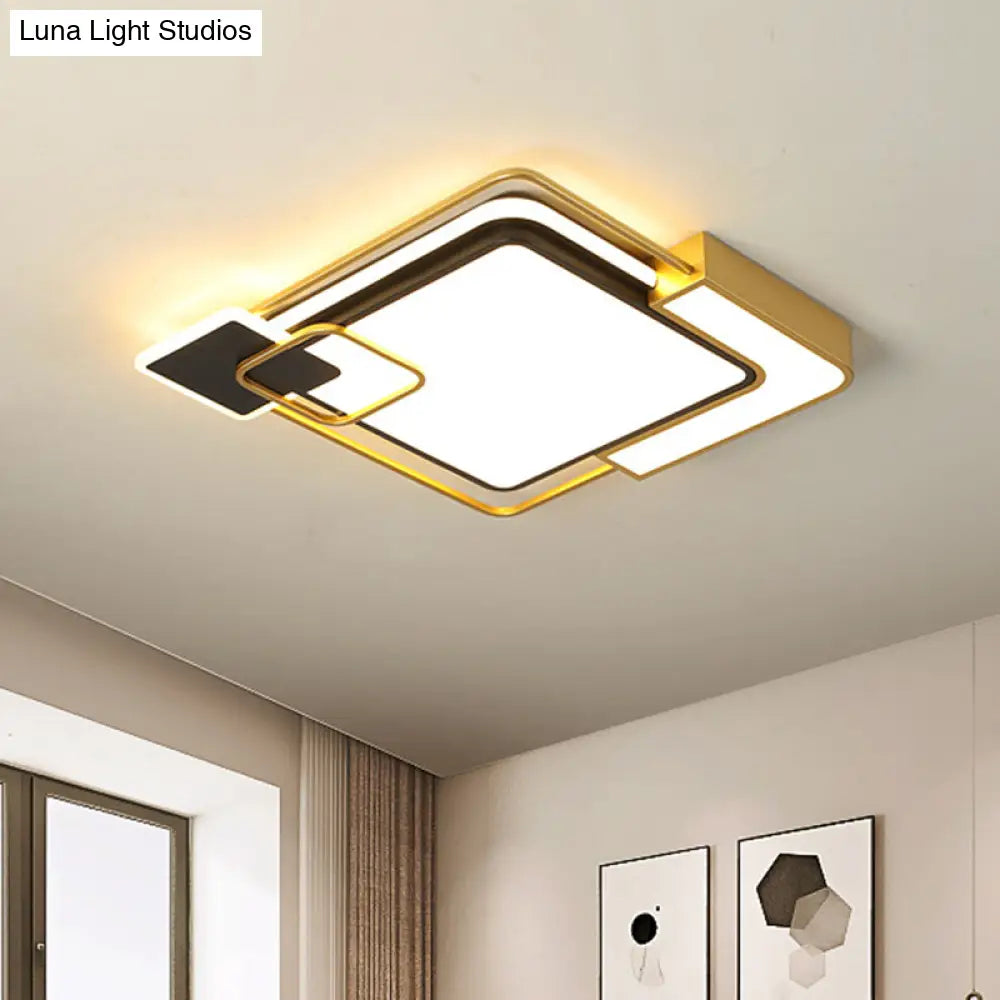 Modern Black And Gold Led Flushmount Lighting Squared Metallic Design 16’/19.5’ Wide