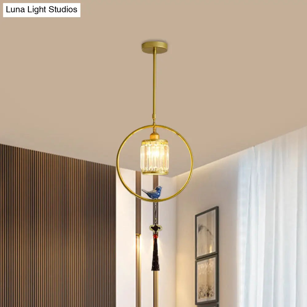 Modern Black/Gold Prismatic Crystal Pendant Light With Elegant Hoop And Tassel Design