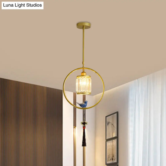 Modern Black/Gold Prismatic Crystal Pendant Light With Elegant Hoop And Tassel Design