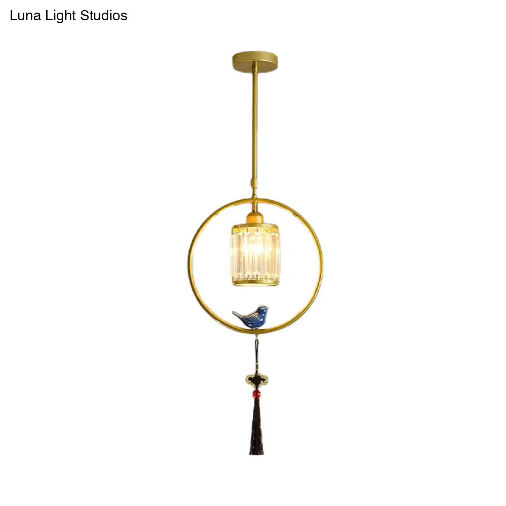 Modern Black/Gold Prismatic Crystal Pendant Light With Elegant Hoop And Tassel Design