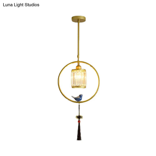 Modern Black/Gold Prismatic Crystal Pendant Light With Elegant Hoop And Tassel Design