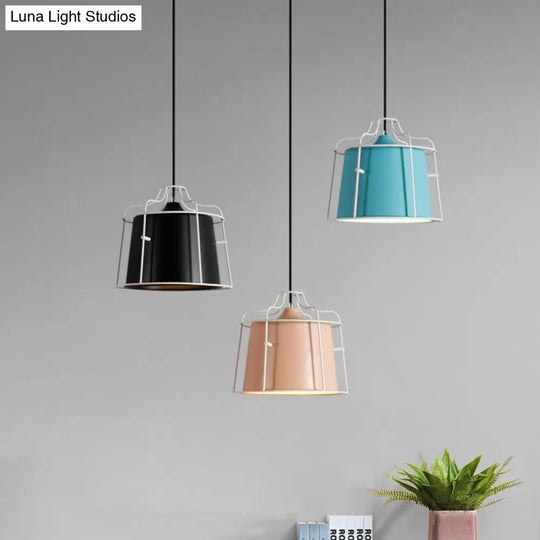 Modern Black/Blue Metal Pendant Light With Cage Shade - 1 Tapered Hanging Ceiling Lighting For
