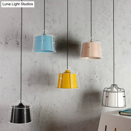 Modern Black/Blue Metal Pendant Light With Cage Shade - 1 Tapered Hanging Ceiling Lighting For