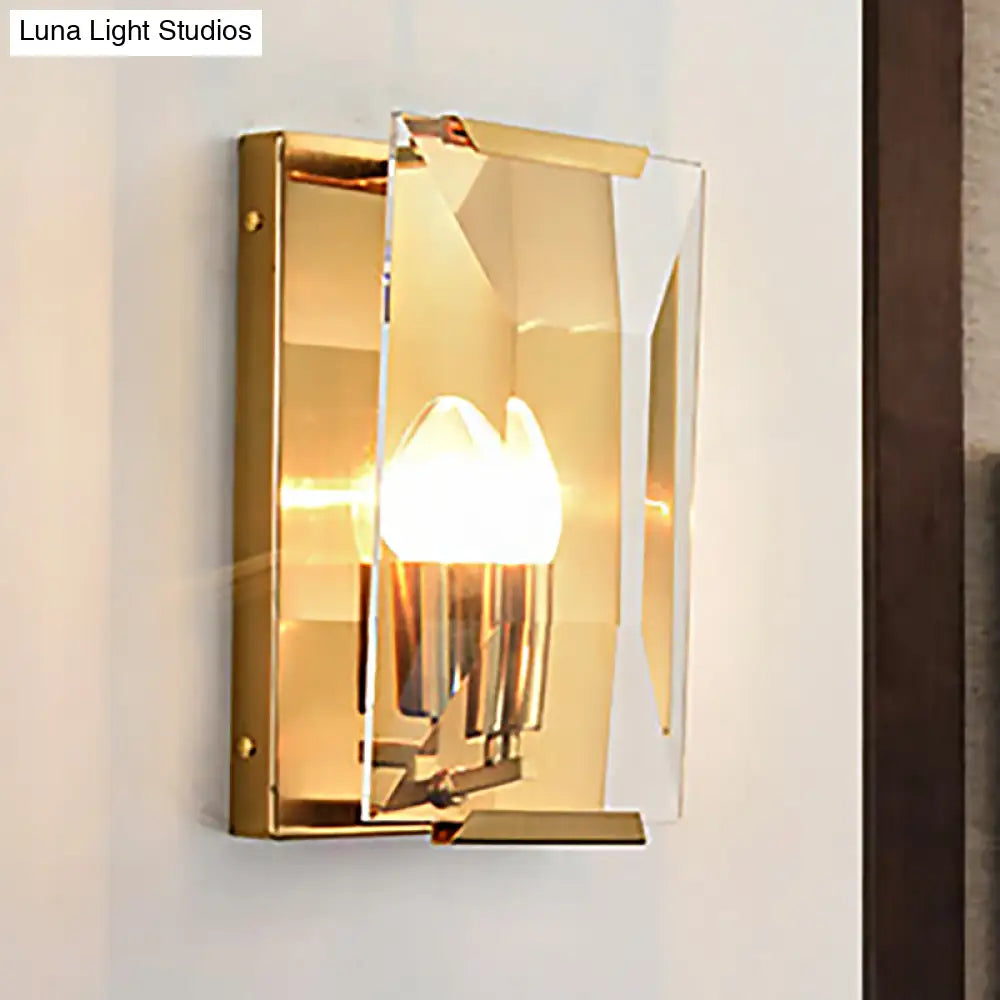 Modern Black/Brass Rectangular Sconce Light With Clear Faceted Crystal And 1 Bulb