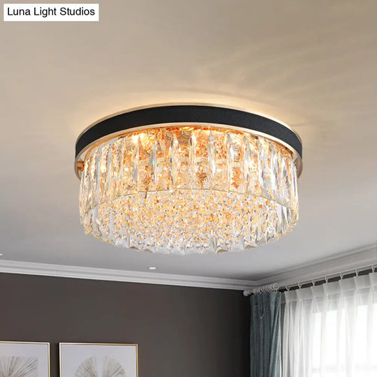 Modern Black Crystal 5-Light Drum Flush Mount For Bedroom Ceiling