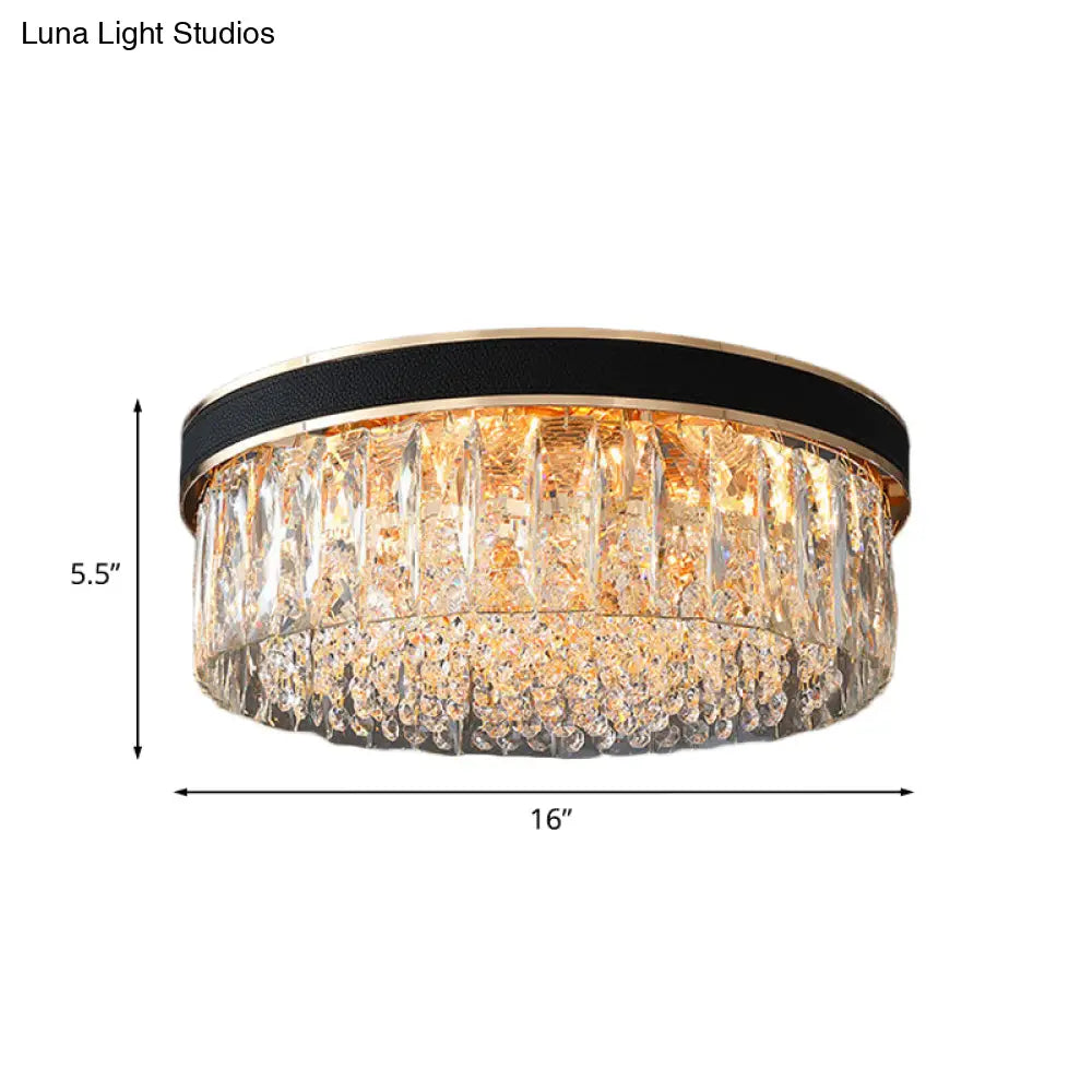 Modern Black Crystal 5-Light Drum Flush Mount For Bedroom Ceiling